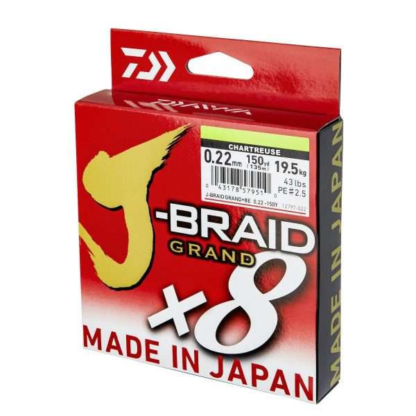 DAIWA J-Braid Grand X8, 1350m, chartreuse, Braided Fishing Line 0.16mm / 10kg